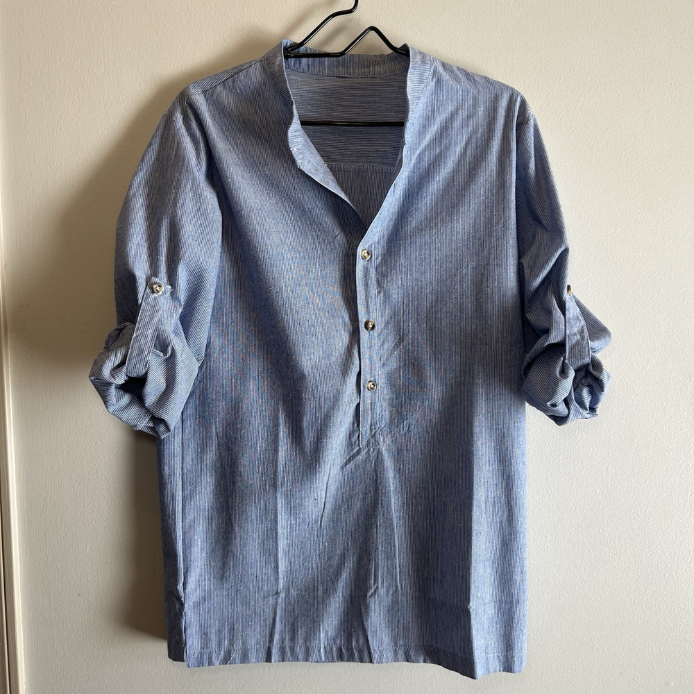 Tunic Top V-Neck Button Roll-Tab Sleeve Blue Stripe Woman’s Large No Tag - Picture 3 of 16